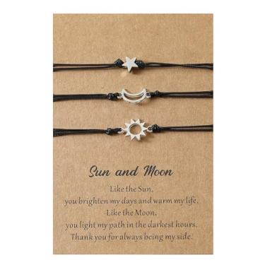 Imagem de Yecomsy 3 pulseiras da amizade, pulseiras combinando, lua, sol, estrela, borboleta, coração, infinito, pulseira ajustável, feita à mão, com cordão, Small, Algodão Metal, Sem Pedra Preciosa