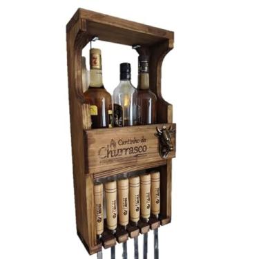 Imagem de Porta Espeto em madeira maciça com barzinho e abridor cabeça de boi 29x60 rustico