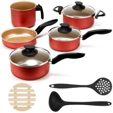 Imagem de Jogo de Panelas 05 Peças Antiaderentes C/Tampas de Vidro + 05 Descansos Rendodos + Concha e Escumadeira Preta