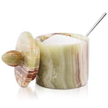 Imagem de Saleiro de mármore com tampa Recipiente de sal feito à mão ônix verde de 10 cm, potes de armazenamento de temperos e temperos para bancada de cozinha, açucareiro