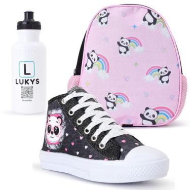 Imagem de Kit Tênis Infantil Feminino Panda + Mochila Garrafinha - LUKYS CALÇADO