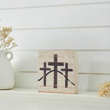 Imagem de VHC Brands Celebrate Grace 3 Crosses Placa de bloco MDF branco antigo envelhecido 15 x 15 cm, decoração de primavera, decorações de casa para parede ou porta, decoração suspensa de primavera e Páscoa