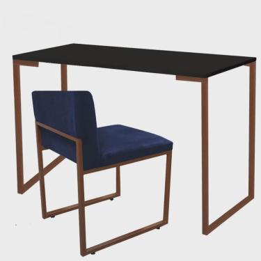 Imagem de Kit Mesa Escrivaninha Stan e Cadeira Lee Industrial Escritório Tampo Preto Bronze Suede Azul Marinho - Ahz Móveis