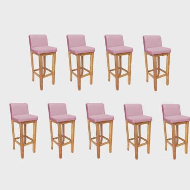 Imagem de Kit 09 Banqueta Alta Com Encosto Aila Balcão Bistrô Base Madeira Maciça Corino Rosa Bebê - Ahz Móveis