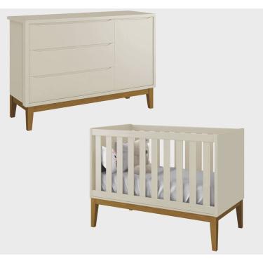 Imagem de Jogo de Quarto Bebê Classic Cômoda Sapateira + Berço Areia Madeira - MoveisAqui