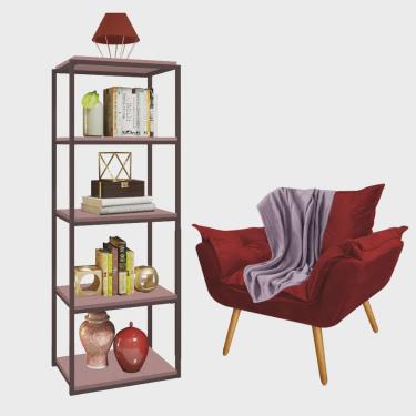 Imagem de Kit Poltrona Fatte com Manta Soft Lilás e Estante Livreiro Ferro Marrom mdf Rose Suede Vermelho - Ahz Móveis