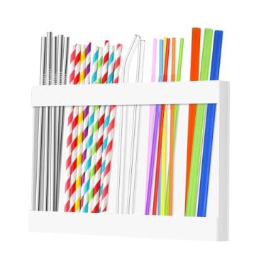 Imagem de Suporte organizador de canudo acrílico com fita adesiva dupla face - Recipiente de armazenamento reutilizável para canudos de tamanho padrão, ideal para balcão de cozinha, armário, armário (branco)