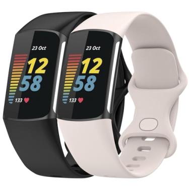 Imagem de Anuoli Pacote com 2 pulseiras compatíveis com Fitbit Charge 6 Charge 5, pulseira de substituição de silicone macio para mulheres e homens (preto_lua, branco, pequeno (14 a 19,8 cm)