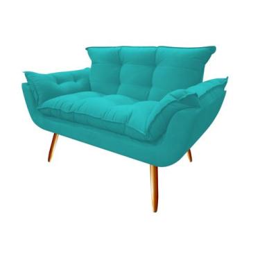 Imagem de Namoradeira Decorativa Opala Suede Azul Turquesa 2 Lugares Pés Madeira