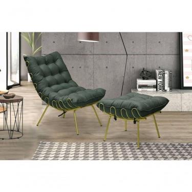 Imagem de Poltrona Costela Luxo Com Puff Adão Dourado - Veludo Verde
