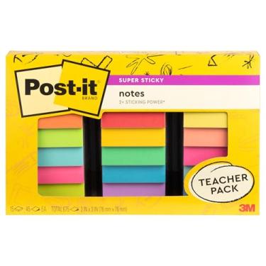 Imagem de Post-it Pacote de notas super adesivas para professores, cores sortidas, 7,6 cm x 7,6 cm, 15 blocos/pacote, 45 folhas/bloco (654-15SSBTS-SR)