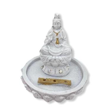 Imagem de Incensario kuanyn branco sentado na flor de lotus 8 cm em resina - Lua