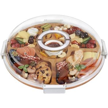 Imagem de Tábua de charcutaria redonda com tampa transparente, tábua de queijo portátil para piquenique de viagem, caixas de charcutaria, bandeja de servir carne e frutas, presentes para aquecer a casa nova