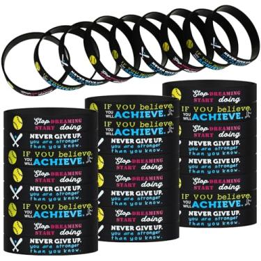 Imagem de 36 peças de pulseiras motivacionais de softball, pulseiras inspiradoras de beisebol, pulseiras de borracha de silicone elásticas com bolas de borracha com frases motivacionais para artigos de festa temáticos esportivos