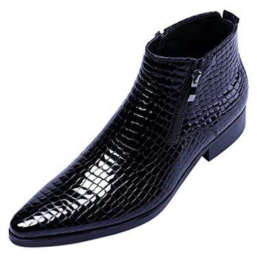 Imagem de SANTIMON Bota masculina casual de couro envernizado com zíper xadrez e bico fino, Preto, 39