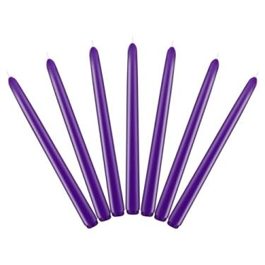 Imagem de 7 pacotes de velas afuniladas roxas de 25 cm de altura, sem cheiro, não tóxicas, sem fumaça, castiçais de cera para decoração de mesa de jantar em casa por 8 horas de tempo de queima