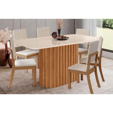 Imagem de Conjunto: Mesa de Cozinha Solana SC68 Tampo Madeirado c/ Vidro Canto Curvo 160x90cm e 6 Cadeiras Milla Nature/Suede Light Linho - Henn
