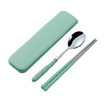Imagem de Conjunto de utensílios de mesa portáteis com garfo de aço inoxidável fofo de desenho japonês para uso doméstico, conjunto de duas peças [pasta de feijão verde]