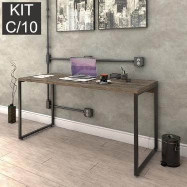 Imagem de Kit Com 10 Escrivaninhas Kuadra 150Cm Estilo Industrial Compace Carvalho Dark/Preto