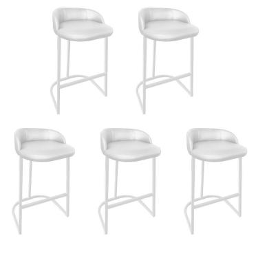 Imagem de Kit 05 Banqueta Betyna Com Encosto Alta Cozinha Bar Balcão Ferro Branco Corino Branco - Amey Decor