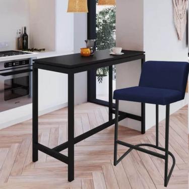 Imagem de Banqueta Com Encosto Noah Luxo Confort Bistrô Cozinha Ferro Preto Suede Azul Marinho - Amey Decor