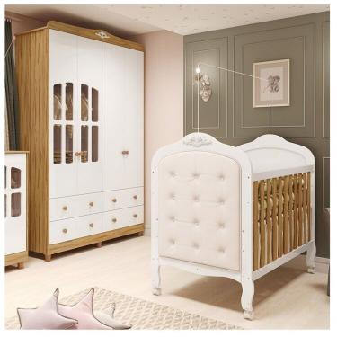 Imagem de Quarto De Bebê Guarda-roupa Com Janelas E Berço Com Capitonê Maya Clássico 100% Mdf Espresso Móveis Branco