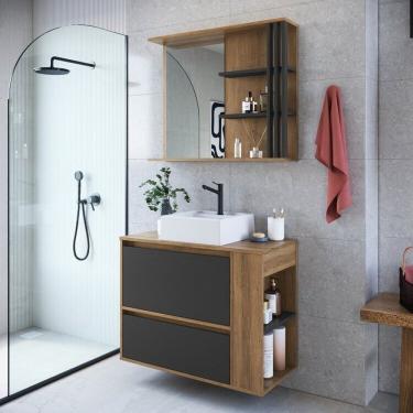 Imagem de Gabinete De Banheiro 80cm Estela Com Espelheira 01 Gavetão E 1 Basculante Mel Grafite Com Cuba Branc Mel Grafite