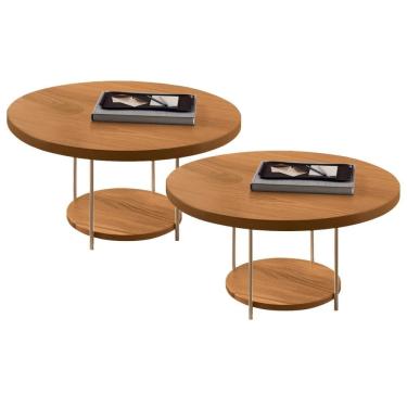 Imagem de Kit 02 Mesas De Centro Para Sala Redonda Tampo Mdf Pés Aço Allure B01 Cinamomo - Lyam D...