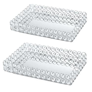Imagem de Bandeja espelhada de cristal de metal – Bandeja de mesa de centro de mesa de 28,4 x 20,6 cm, exibição multifuncional para flores/cupcakes/joias, organizador de vaidade e enfeite de mesa de sobremesa