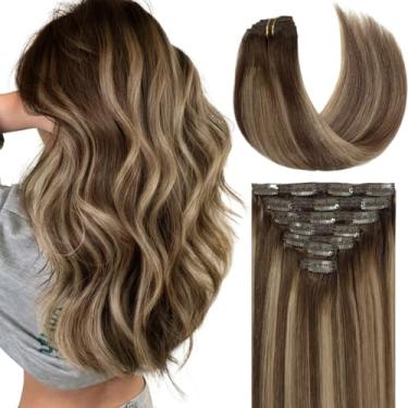 Imagem de Lacer Aplique De Cabelo Clip In, Mechas Naturais Castanho Quente A Loiro Caramelo Escuro, Remy Para Mulheres, 22" 140G, 7 Peças, Natural