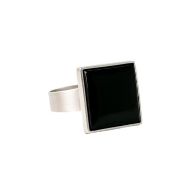 Imagem de Anel Quadrado com Pedra Preta em Resina, Ajustável, Banho de Prata, Design Minimalista