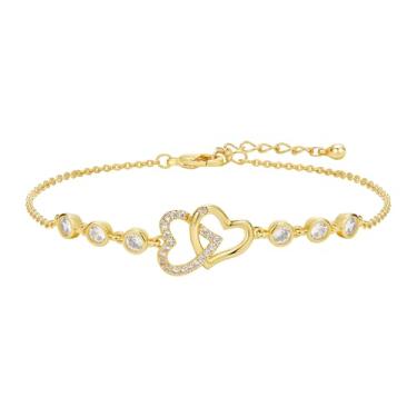Imagem de meosked Pulseiras femininas delicadas ajustáveis banhadas a ouro 14 k com elos de coração, One Size, Cobre, Zircônia cúbica