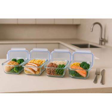 Imagem de KIT 4 Potes Vidro Retangulares Herméticos Marmitas Mantimentos 4 Travas 330 ML