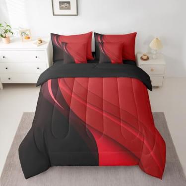 Imagem de Conjunto de edredom geométrico para crianças, vermelho e cinza, preto e moderno, arte abstrata, tamanho casal, 7 peças, listras, estampa de linhas, conjunto de cama de microfibra, conjunto de cama