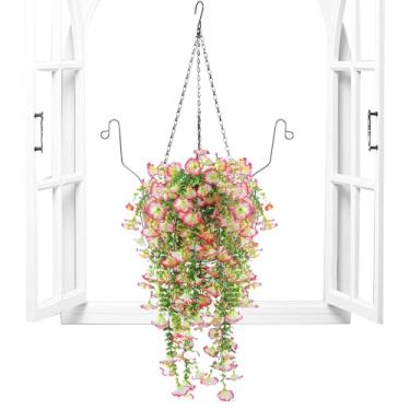 Imagem de Flores artificiais penduráveis com cesta | Cestas de plantas de flores artificiais falsas penduráveis, decoração floral falsa para varanda, hotel, jardim, sala de jantar, casa, estudo, quintal, janela