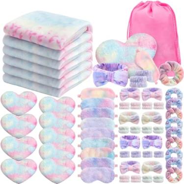 Imagem de Fanfanwin Conjunto de 63 peças de artigos de festa do pijama no spa, 9 cobertores de lã, 9 travesseiros de coração fofo, 9 máscaras de cetim para os olhos, 9 faixas de spa, 9 pulseiras, 9 elásticos de