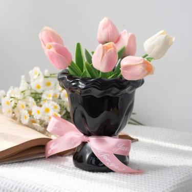 Imagem de Relexome Vaso de flores com laço de cerâmica preto, 14 cm, lindos vasos de flores decorativos, para buquê, esmaltado, moderno, com laço para decoração de casa, mesa de flores, sala de estar