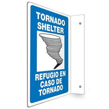 Imagem de Accuform Signs SBPSP443 Placa de projeção bilíngue espanhola 90D, legenda "TORNADO SHELTER/REFUGIO CONTRA TORNADOS" com gráfico, painel de 30,5 cm x 23 cm, plástico de alto impacto de 0,25 cm de espessura, furos de montagem pré-perfurados, azul/preto sobre branco