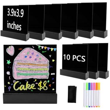 Imagem de Wobodan Pacote com 10 placas de acrílico pretas de 10 x 10 cm com suportes de madeira, folhas de acrílico em branco com porta-cartões de madeira, placas de lousa para números de mesa, casamento,