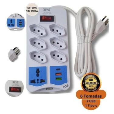 Imagem de Extensão Elétrica com 10 Tomadas  Filtro de Linha Bivolt com 2 USB e 1