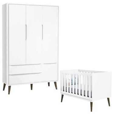 Imagem de Berço Americano e Guarda Roupa 3 Portas Infantil Theo Branco Acetinado