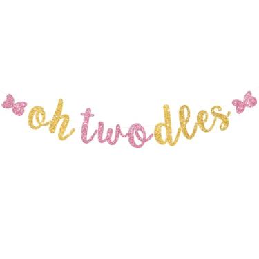Imagem de RICHHHA Glitter Oh Twodles Banner Mouse Themed Cartoon 2nd Baby Birthday Decorations Birthday Party Supplies Decorations for Boys Girls,NO DIY,Pink Gold