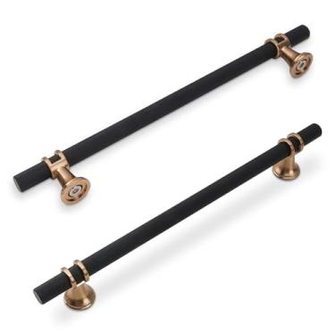 Imagem de KOMOTIA Pacote com 10 puxadores de armário de 15 polegadas (128 mm) (381 mm) puxadores de armário de cozinha preto fosco e bronze champanhe puxadores de gaveta de alumínio e liga de zinco puxadores de