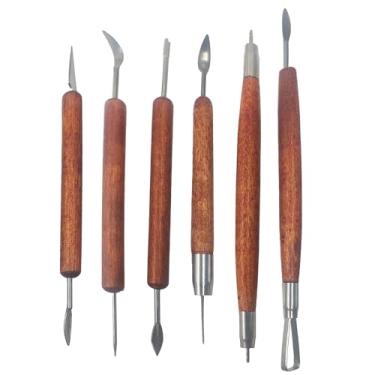 Imagem de AUXBC Conjunto de 6 peças de ferramentas de escultura de cerâmica e argila de dupla face, alças de madeira lisas para esculpir, esculpir, modelar com argila de polímero, fondant, massa