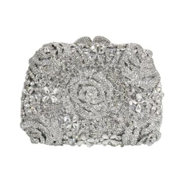 Imagem de UMREN Elegante bolsa feminina floral com strass vintage de cristal rosa bolsa de mão para festa de casamento, Prata 1