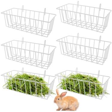 Imagem de GBACHOOSE 6 peças de metal resistente para alimentador de feno de coelho com ganchos, suporte de gaiola de 22 x 10 x 7 cm para coelhos e porquinhos-da-índia (branco)