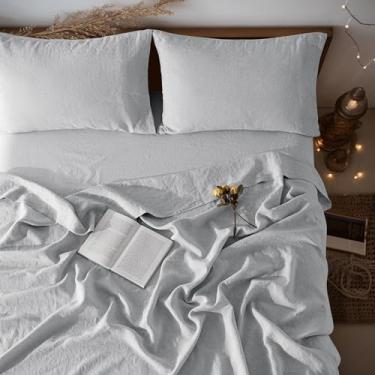 Imagem de LBR02M Conjunto de lençóis 100% linho, tamanho solteiro, GG, conjuntos de lençóis de 3 peças, linho natural de cor sólida, roupa de cama macia e respirável, bolso profundo de 41 cm, todas as estações