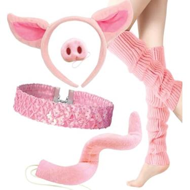 Imagem de OLYPHAN Pig Costume Women Adult Pink Piggy Costumes with Snout Nose, Piggy Headband Ears and Tail with Sexy Sequin Choker Necklace Leg Warmers for Halloween or Cosplay 5 PC