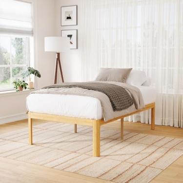 Imagem de Yoshiely Moldura de cama solteiro de madeira de bambu de 45,7 cm com design de perna de ferro, estrutura de cama de suporte de ripas de metal Twin XL resistente, sem necessidade de mola box, montagem