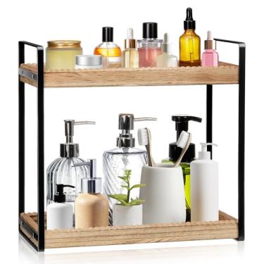 Imagem de DoubleFill Organizador de bancada de banheiro de 2 andares, prateleira de bancada de madeira de 2 andares, bandeja de bancada de cozinha de madeira para banheiro e cozinha (marrom, clássico)